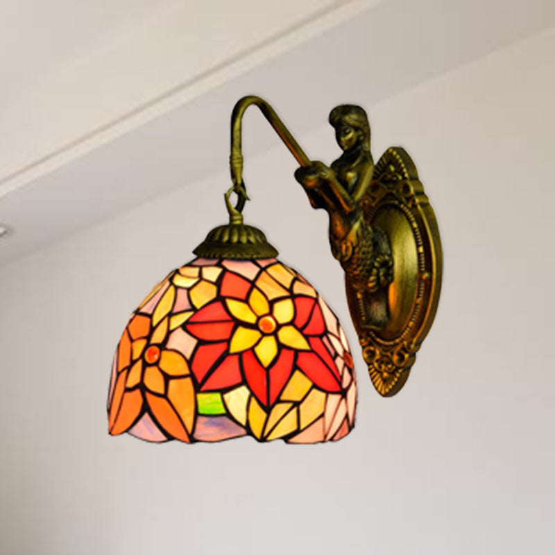 Orange Red Flower Wall Light Fixture Tiffany 1 Head Multicolor Stained Glass Sconce Light Clearhalo 'Industrial' 'Middle century wall lights' 'Tiffany wall lights' 'Tiffany' 'Wall Lamps & Sconces' 'Wall Lights' Lighting' 176156
