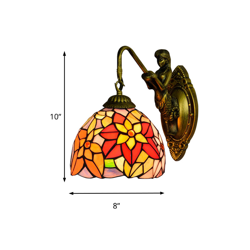 Orange Red Flower Wall Light Fixture Tiffany 1 Head Multicolor Stained Glass Sconce Light Clearhalo 'Industrial' 'Middle century wall lights' 'Tiffany wall lights' 'Tiffany' 'Wall Lamps & Sconces' 'Wall Lights' Lighting' 176159