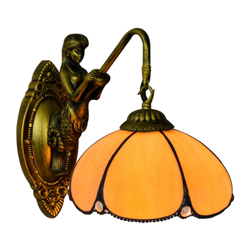 Antique Brass Petal Wall Light Fixture Tiffany 1 Head Yellow Glass Sconce Light with Mermaid Decoration Clearhalo 'Industrial' 'Middle century wall lights' 'Tiffany wall lights' 'Tiffany' 'Wall Lamps & Sconces' 'Wall Lights' Lighting' 176162