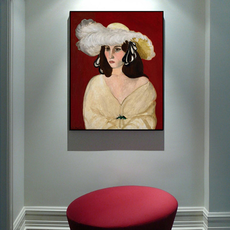 Oil Painting Canvas Impressionism Wall Art Print Hatted Maid in Red, Multiple Sizes Red Clearhalo 'Arts' 'Canvas Art' 1761641