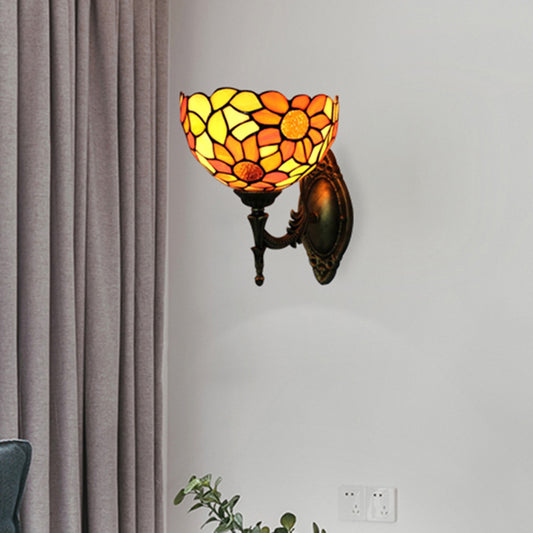 Stained Glass Sunflower Wall Sconce Kitchen 1 Head Rustic Tiffany Wall Lamp in Orange Orange Clearhalo 'Industrial' 'Middle century wall lights' 'Tiffany wall lights' 'Tiffany' 'Wall Lamps & Sconces' 'Wall Lights' Lighting' 176165