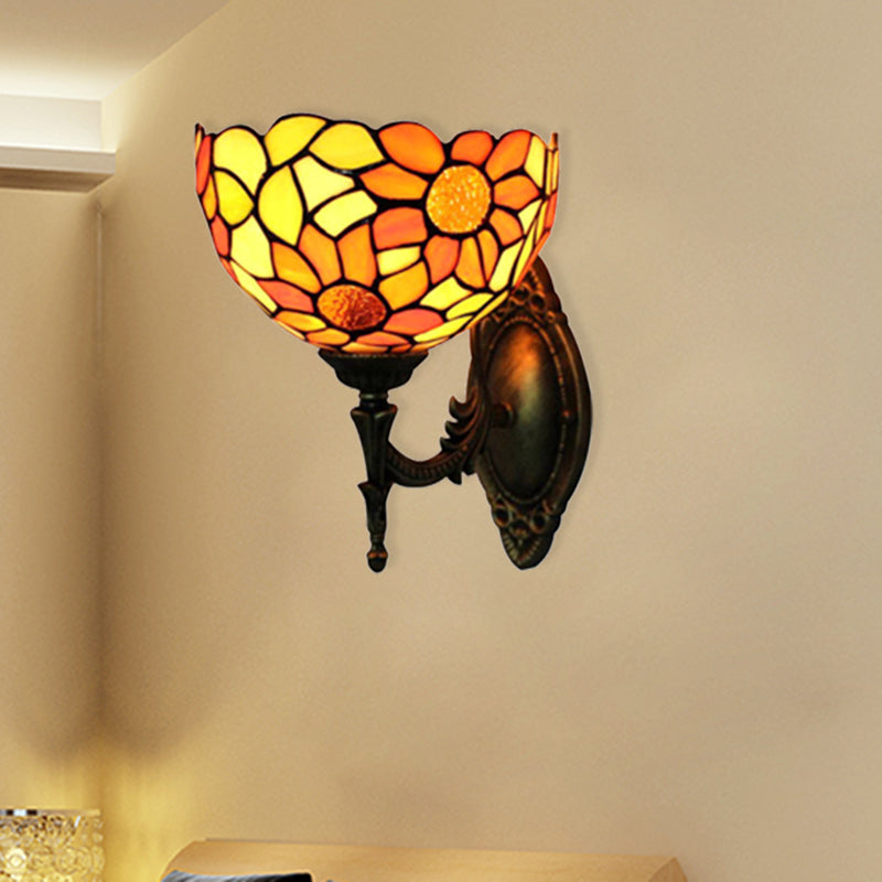 Stained Glass Sunflower Wall Sconce Kitchen 1 Head Rustic Tiffany Wall Lamp in Orange Clearhalo 'Industrial' 'Middle century wall lights' 'Tiffany wall lights' 'Tiffany' 'Wall Lamps & Sconces' 'Wall Lights' Lighting' 176166