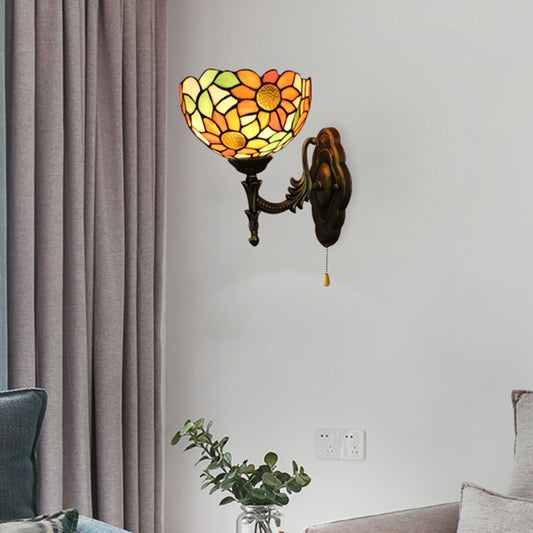 Stained Glass Sunflower Sconce Light 1 Light Rustic Tiffany Wall Lamp in Orange for Library Orange Clearhalo 'Industrial' 'Middle century wall lights' 'Tiffany wall lights' 'Tiffany' 'Wall Lamps & Sconces' 'Wall Lights' Lighting' 176170