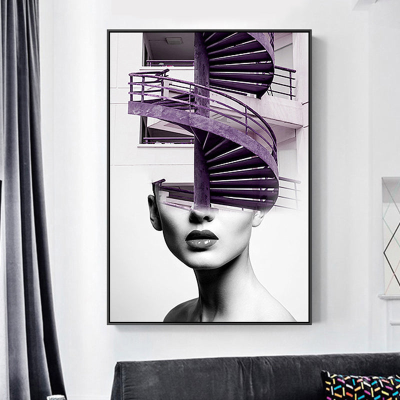 Stair and Girl Canvas Print Textured Contemporary Style for Girls Bedroom Painting Purple Clearhalo 'Art Gallery' 'Canvas Art' 'Contemporary Art Gallery' 'Modern' Arts' 1761968