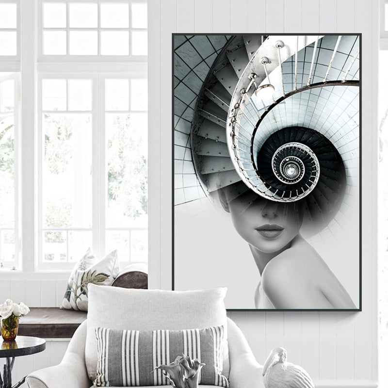 Stair and Girl Canvas Print Textured Contemporary Style for Girls Bedroom Painting Grey Clearhalo 'Art Gallery' 'Canvas Art' 'Contemporary Art Gallery' 'Modern' Arts' 1761975