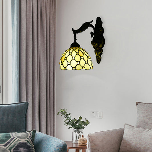 Beige Lattice Dome Wall Light with Carved Arm 1 Head Tiffany Traditional Glass Sconce Light for Hallway Beige Clearhalo 'Industrial' 'Middle century wall lights' 'Tiffany wall lights' 'Tiffany' 'Wall Lamps & Sconces' 'Wall Lights' Lighting' 176197