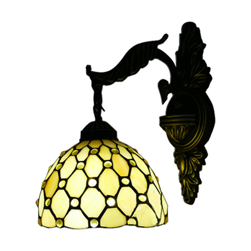 Beige Lattice Dome Wall Light with Carved Arm 1 Head Tiffany Traditional Glass Sconce Light for Hallway Clearhalo 'Industrial' 'Middle century wall lights' 'Tiffany wall lights' 'Tiffany' 'Wall Lamps & Sconces' 'Wall Lights' Lighting' 176199
