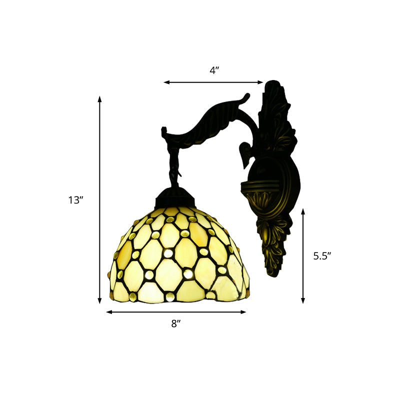 Beige Lattice Dome Wall Light with Carved Arm 1 Head Tiffany Traditional Glass Sconce Light for Hallway Clearhalo 'Industrial' 'Middle century wall lights' 'Tiffany wall lights' 'Tiffany' 'Wall Lamps & Sconces' 'Wall Lights' Lighting' 176201