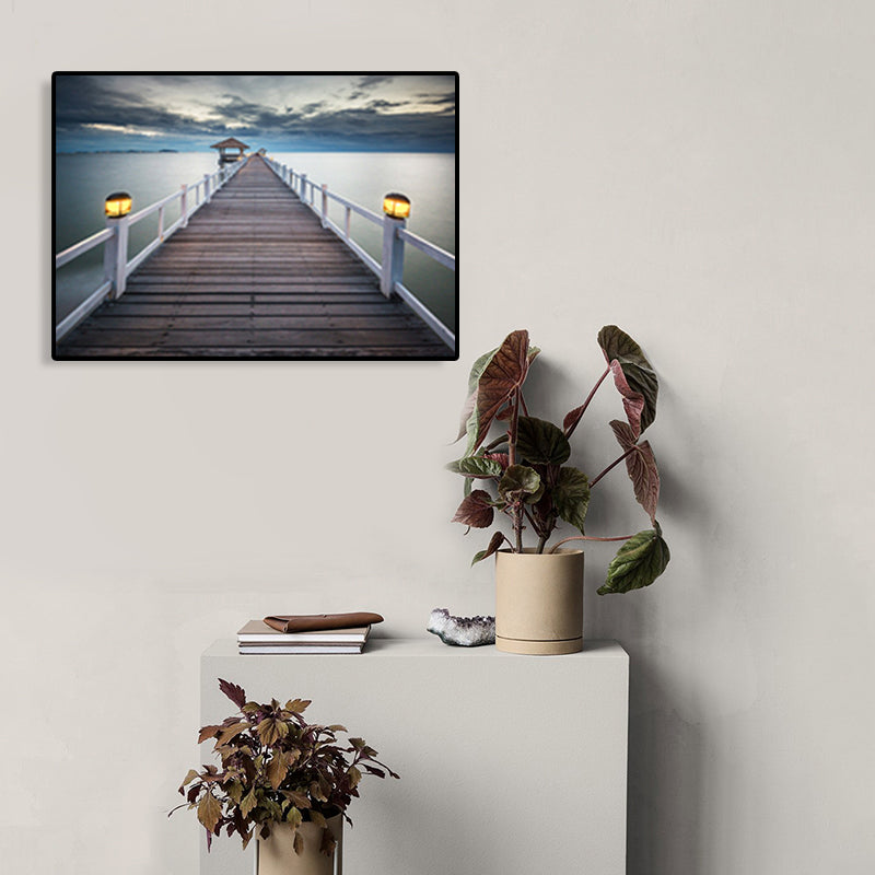 Modern Sea Bridge Canvas Print Photograph Scenery Dark Color Bedroom Wall art Decor Clearhalo 'Art Gallery' 'Canvas Art' 'Contemporary Art Gallery' 'Modern' Arts' 1762065