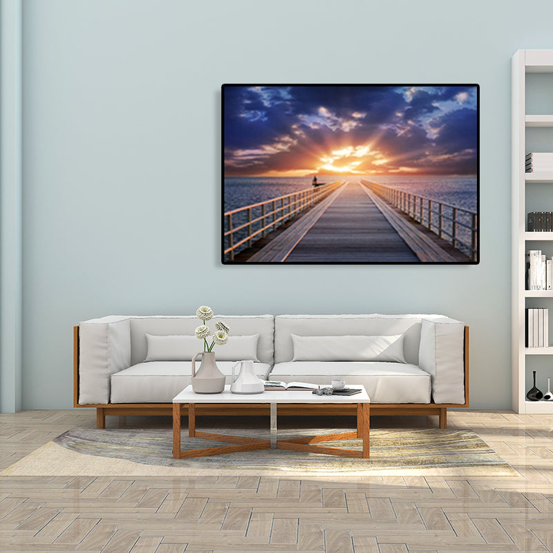 Modern Sea Bridge Canvas Print Photograph Scenery Dark Color Bedroom Wall art Decor Orange Clearhalo 'Art Gallery' 'Canvas Art' 'Contemporary Art Gallery' 'Modern' Arts' 1762075