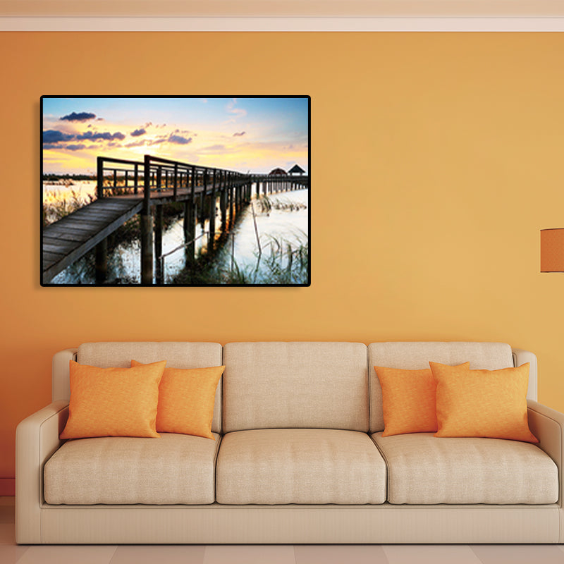 Modern Sea Bridge Canvas Print Photograph Scenery Dark Color Bedroom Wall art Decor Black Clearhalo 'Art Gallery' 'Canvas Art' 'Contemporary Art Gallery' 'Modern' Arts' 1762079