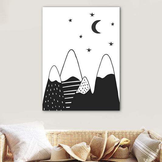 Mounts at Night Wall Art Print Nordic Textured Family Room Canvas in Black on White Clearhalo 'Arts' 'Canvas Art' 1762370