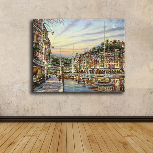 Canvas Textured Art Print Impressionism Waterfront Cityscape Painting, Multiple Sizes Clearhalo 'Arts' 'Canvas Art' 1762427