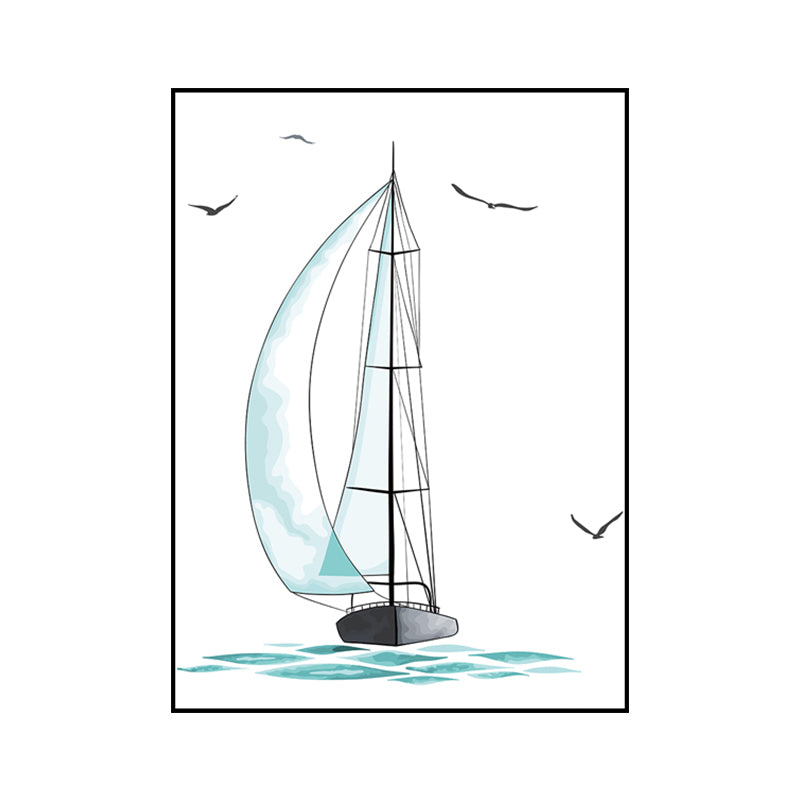 Blue Sailing Ship Drawing Canvas Textured Surface Cartoon Kindergarten Wall  Art Print - Clearhalo