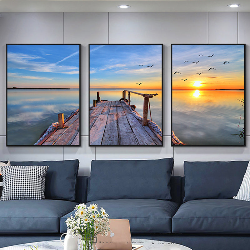 Multi-Piece Pastel Canvas Art Modern Photo Wooden Bridge to Sea Scene Wall Decor Orange Clearhalo 'Art Gallery' 'Canvas Art' 'Contemporary Art Gallery' 'Modern' Arts' 1762777