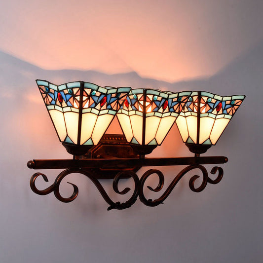 Cone Wall Light Fixture Tiffany White Glass 1 Head Antique Copper Sconce Lighting White Clearhalo 'Industrial' 'Middle century wall lights' 'Tiffany wall lights' 'Tiffany' 'Wall Lamps & Sconces' 'Wall Lights' Lighting' 176284