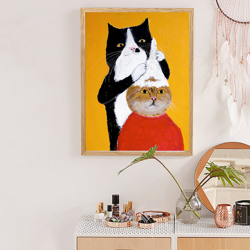 Cats Drawing Canvas Print Cartoon Cute Animal Wall Art in Yellow for Child Bedroom