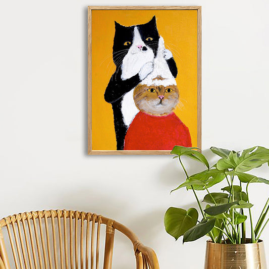 Cats Drawing Canvas Print Cartoon Cute Animal Wall Art in Yellow for Child Bedroom