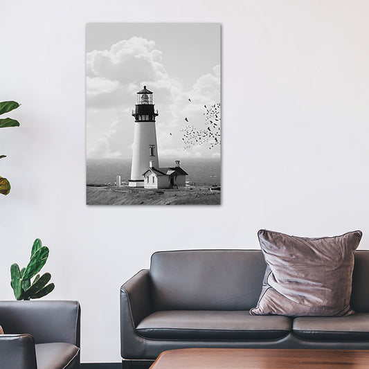 Gray Lighthouse Scene Painting Textured Vintage Style Dining Room Canvas Wall Art Clearhalo 'Arts' 'Canvas Art' 1763409