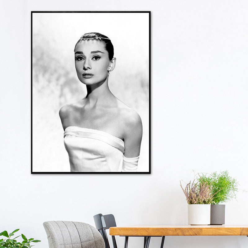 Light Color Hepburn Portrait Canvas Textured Vintage Girls Bedroom Wall Art Print Light Gray Clearhalo 'Art Gallery' 'Canvas Art' 'Contemporary Art Gallery' 'Modern' Arts' 1763684