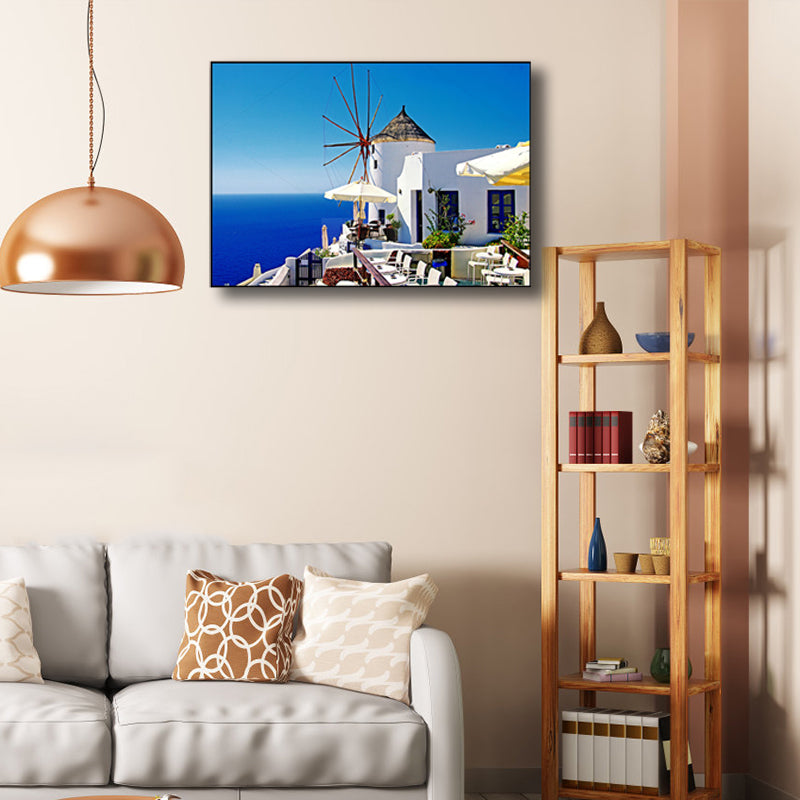 Mediterranean Balcony Seascape Canvas Art Contemporary Textured Wall Decor in Blue Clearhalo 'Art Gallery' 'Canvas Art' 'Contemporary Art Gallery' 'Modern' Arts' 1763800