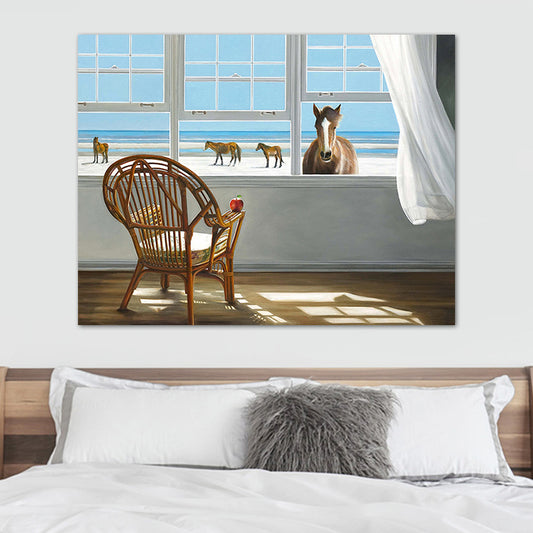 Seashore House Interior View Canvas Blue Nordic Style Wall Art Print for Bedroom Clearhalo 'Arts' 'Canvas Art' 1763918