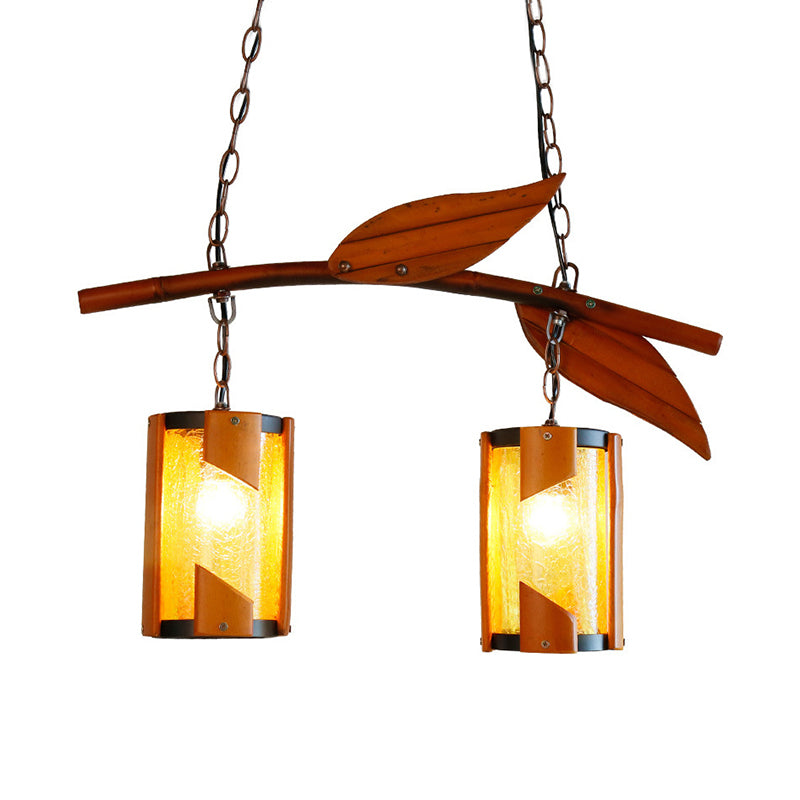 Crackle Glass Cylindrical Hanging Light Country Style 2 Lights Brown Island Lighting with Branch Accent for Restaurant Clearhalo 'Ceiling Lights' 'Island Lights' Lighting' 176415