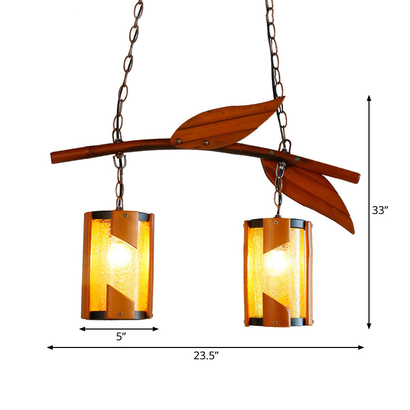 Crackle Glass Cylindrical Hanging Light Country Style 2 Lights Brown Island Lighting with Branch Accent for Restaurant Clearhalo 'Ceiling Lights' 'Island Lights' Lighting' 176416