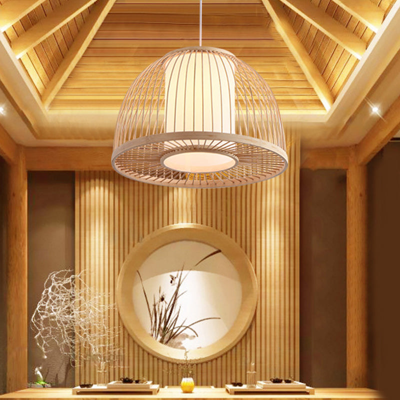 Modernism Domed Pendant Lamp Bamboo 1 Light Indoor Hanging Ceiling Light with Inner Cylinder Shade in Beige, 12"/14" W Clearhalo 'Ceiling Lights' 'Pendant Lights' 'Pendants' Lighting' 176430