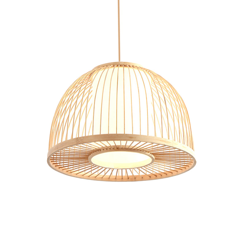 Modernism Domed Pendant Lamp Bamboo 1 Light Indoor Hanging Ceiling Light with Inner Cylinder Shade in Beige, 12"/14" W Clearhalo 'Ceiling Lights' 'Pendant Lights' 'Pendants' Lighting' 176432