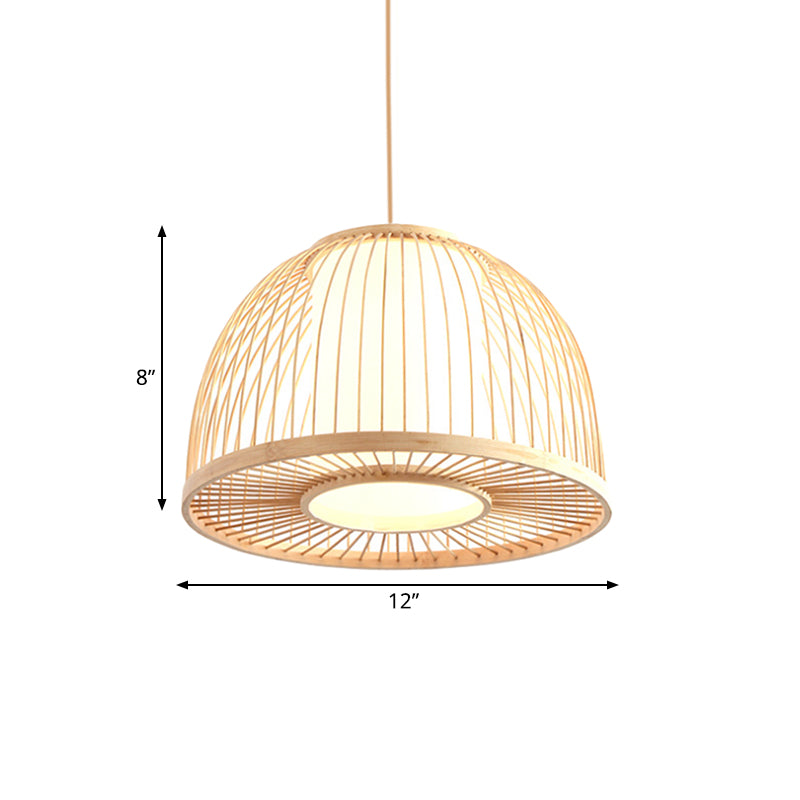 Modernism Domed Pendant Lamp Bamboo 1 Light Indoor Hanging Ceiling Light with Inner Cylinder Shade in Beige, 12"/14" W Clearhalo 'Ceiling Lights' 'Pendant Lights' 'Pendants' Lighting' 176433