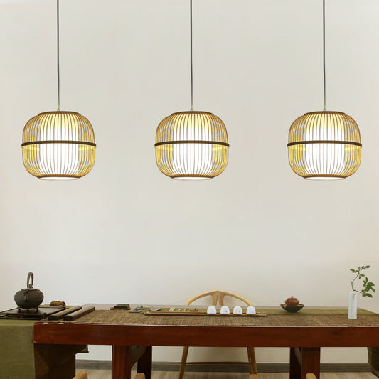 Beige Oblong Ceiling Fixture Contemporary Style 1-Light Bamboo Pendant Lamp with Inner Cylindrical Shade Clearhalo 'Ceiling Lights' 'Pendant Lights' 'Pendants' Lighting' 176435