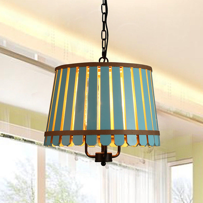 12.5"/16.5" Wide Slatted Chandelier Light Fixture Modern Wooden 3 Lights Blue/Green/Wood Hanging Pendant for Dining Room Blue Clearhalo 'Ceiling Lights' 'Chandeliers' Lighting' options 176443_b4334d17-c327-4527-abd3-aba7f9b3375e