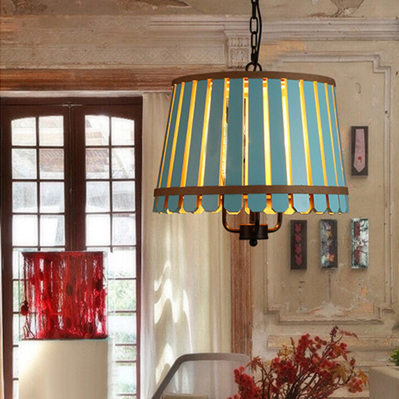 12.5"/16.5" Wide Slatted Chandelier Light Fixture Modern Wooden 3 Lights Blue/Green/Wood Hanging Pendant for Dining Room Clearhalo 'Ceiling Lights' 'Chandeliers' Lighting' options 176444