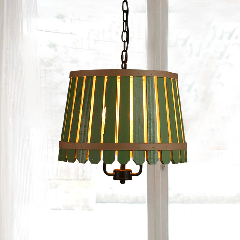 12.5"/16.5" Wide Slatted Chandelier Light Fixture Modern Wooden 3 Lights Blue/Green/Wood Hanging Pendant for Dining Room Clearhalo 'Ceiling Lights' 'Chandeliers' Lighting' options 176446