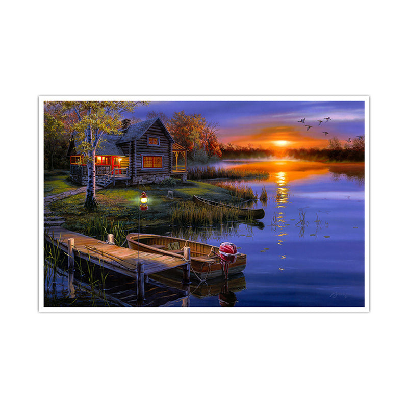 Purple Riverside Hut Landscape Painting Textured Art Print for Bedroom, Multiple Sizes Clearhalo 'Arts' 'Canvas Art' 1764510