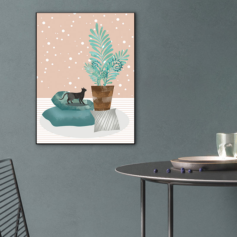 Potting and Cat Canvas Print Textured Scandinavian Bedroom Wall Art in Soft Color Green Clearhalo 'Arts' 'Canvas Art' 1764653