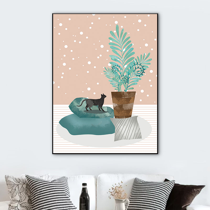 Potting and Cat Canvas Print Textured Scandinavian Bedroom Wall Art in Soft Color Clearhalo 'Arts' 'Canvas Art' 1764654