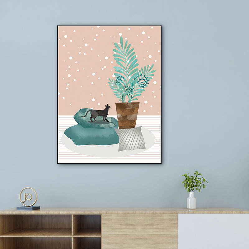 Potting and Cat Canvas Print Textured Scandinavian Bedroom Wall Art in Soft Color Clearhalo 'Arts' 'Canvas Art' 1764655