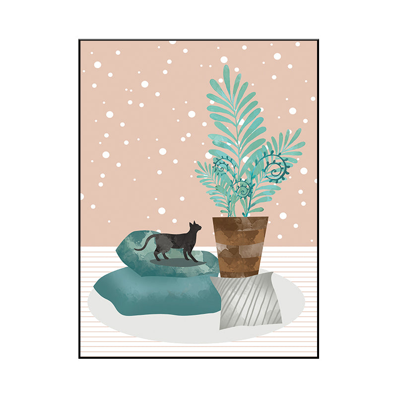 Potting and Cat Canvas Print Textured Scandinavian Bedroom Wall Art in Soft Color Clearhalo 'Arts' 'Canvas Art' 1764656