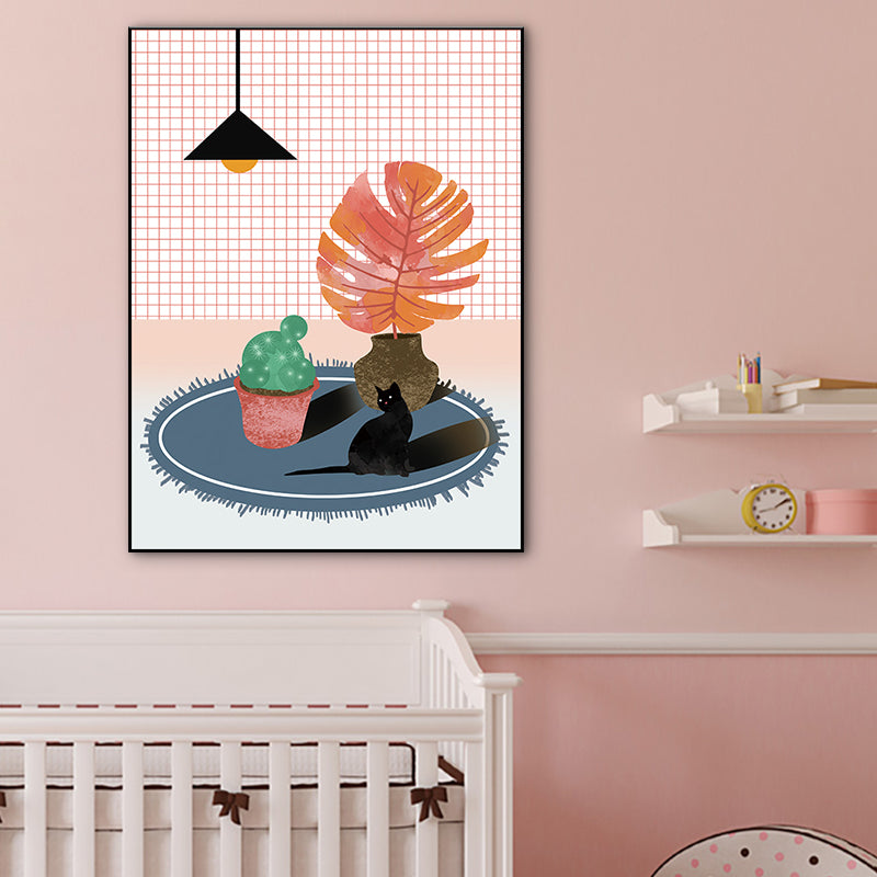 Potting and Cat Canvas Print Textured Scandinavian Bedroom Wall Art in Soft Color Orange Clearhalo 'Arts' 'Canvas Art' 1764660