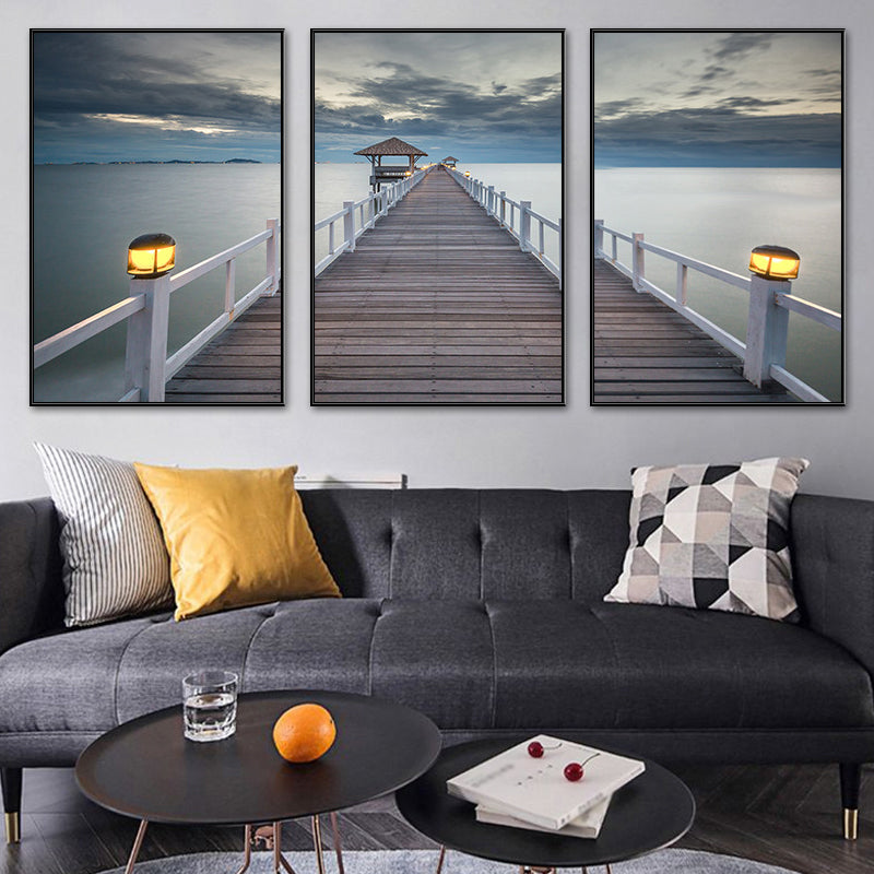 Seaside Bridge Scene Art Print Modern Canvas Multi-Piece Painting in Soft Color, Set of Three Grey Clearhalo 'Art Gallery' 'Canvas Art' 'Contemporary Art Gallery' 'Modern' Arts' 1764712