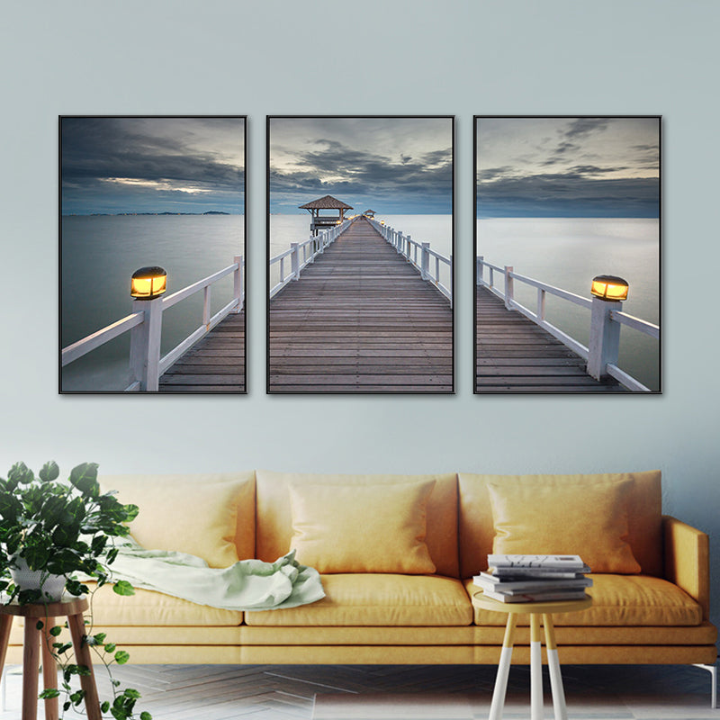 Seaside Bridge Scene Art Print Modern Canvas Multi-Piece Painting in Soft Color, Set of Three Clearhalo 'Art Gallery' 'Canvas Art' 'Contemporary Art Gallery' 'Modern' Arts' 1764713