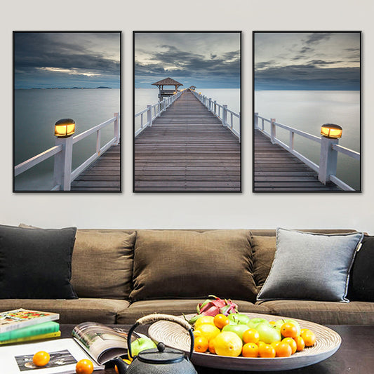 Seaside Bridge Scene Art Print Modern Canvas Multi-Piece Painting in Soft Color, Set of Three Clearhalo 'Art Gallery' 'Canvas Art' 'Contemporary Art Gallery' 'Modern' Arts' 1764714