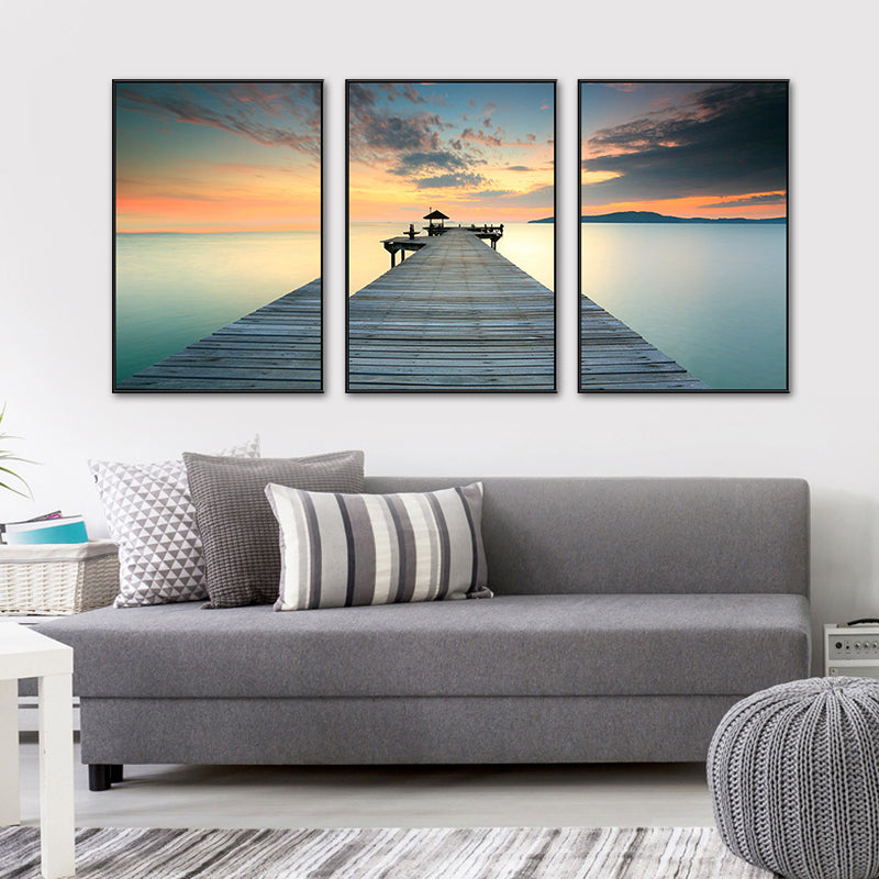 Seaside Bridge Scene Art Print Modern Canvas Multi-Piece Painting in Soft Color, Set of Three Clearhalo 'Art Gallery' 'Canvas Art' 'Contemporary Art Gallery' 'Modern' Arts' 1764720