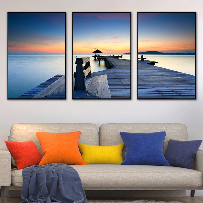 Seaside Bridge Scene Art Print Modern Canvas Multi-Piece Painting in Soft Color, Set of Three Blue Clearhalo 'Art Gallery' 'Canvas Art' 'Contemporary Art Gallery' 'Modern' Arts' 1764723