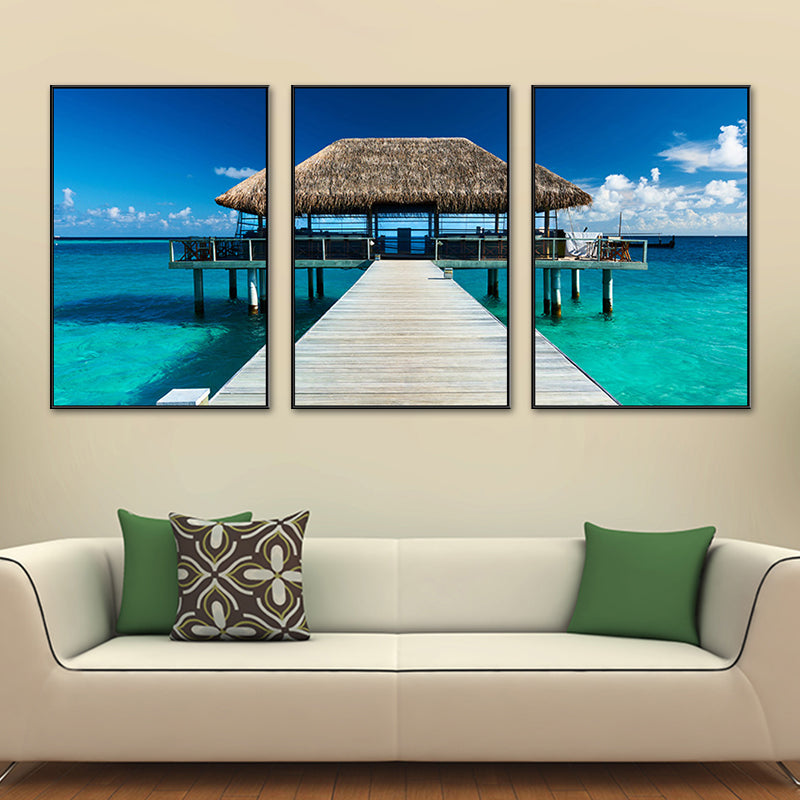 Seaside Bridge Scene Art Print Modern Canvas Multi-Piece Painting in Soft Color, Set of Three Green Clearhalo 'Art Gallery' 'Canvas Art' 'Contemporary Art Gallery' 'Modern' Arts' 1764727