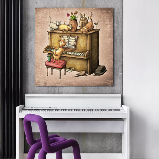 Cats and Piano Wall Decor Contemporary Art Style Canvas Textured Painting in Brown Clearhalo 'Arts' 'Canvas Art' 1764786