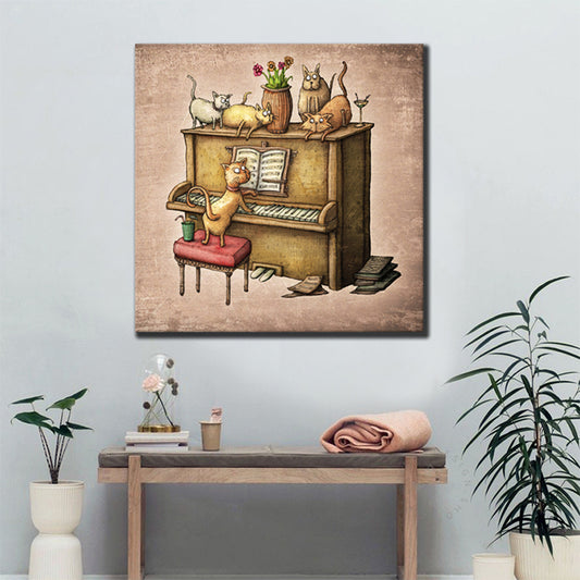 Cats and Piano Wall Decor Contemporary Art Style Canvas Textured Painting in Brown Clearhalo 'Arts' 'Canvas Art' 1764787