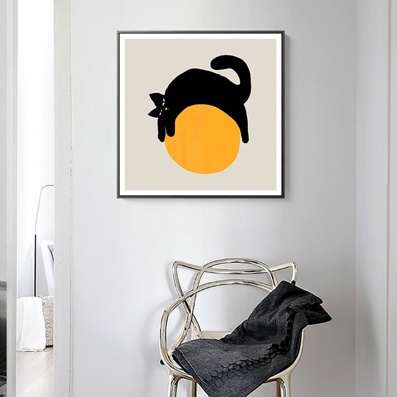 Cat on the Ball Canvas Print Nordic Style Textured Childrens Bedroom Wall Art in Yellow Yellow Clearhalo 'Arts' 'Canvas Art' 1764964